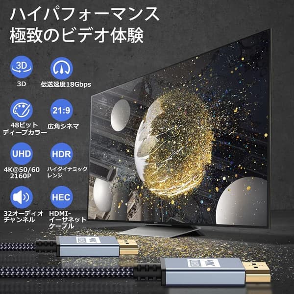 4K 60Hz対応 HDMIケーブル 4m - ハイスピードアップグレード版 (グレー)