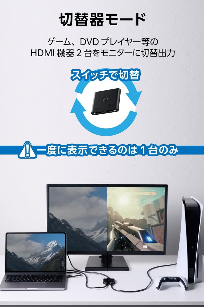 8K対応薄型HDMI切替器 2入力1出力 PS5/Nintendo Switch/Fire TV Stick用