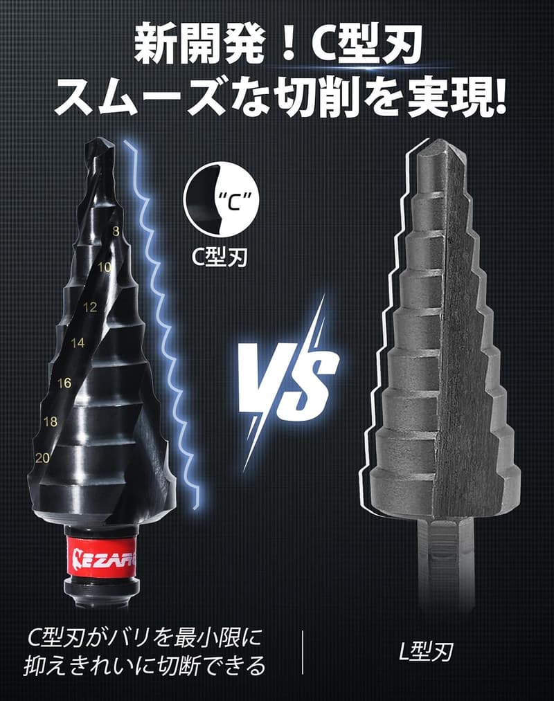 EZARC(イザーク) 三枚刃ステップドリル C型刃 4-20mm AlTiNコーティング 6.35mm六角軸 木材・金属・プラスチック用