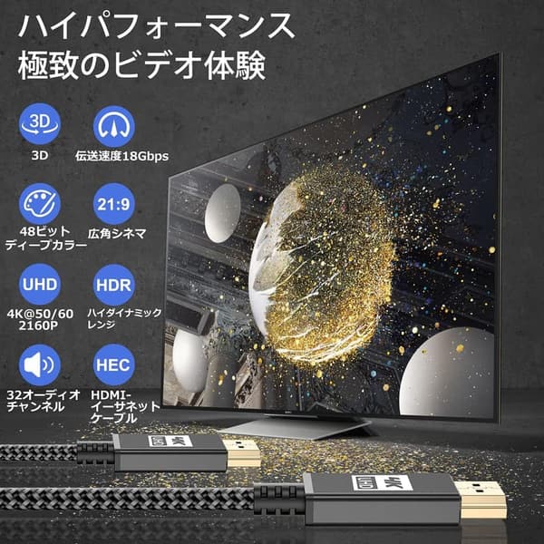 4K HDMIケーブル 10m ハイスピード 2.0規格 60Hz対応 3840p/2160p UHD 18Gbps - テレビとPC接続用 (黒)
