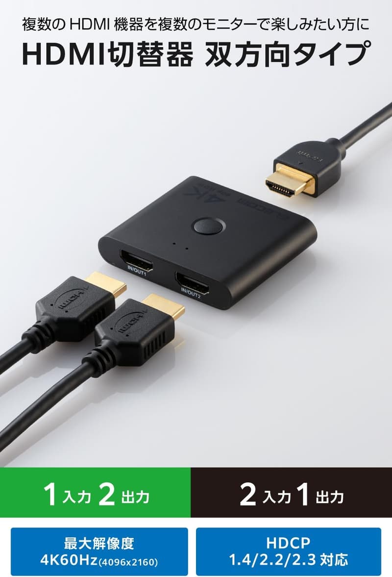 HDMI切替器 4K 60Hz 薄型 12mm 2入力1出力 PS5/Nintendo Switch他用