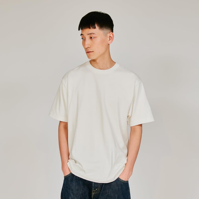 メンズ タグレス 丸胴 100%綿 半袖 Tシャツ シロ 白