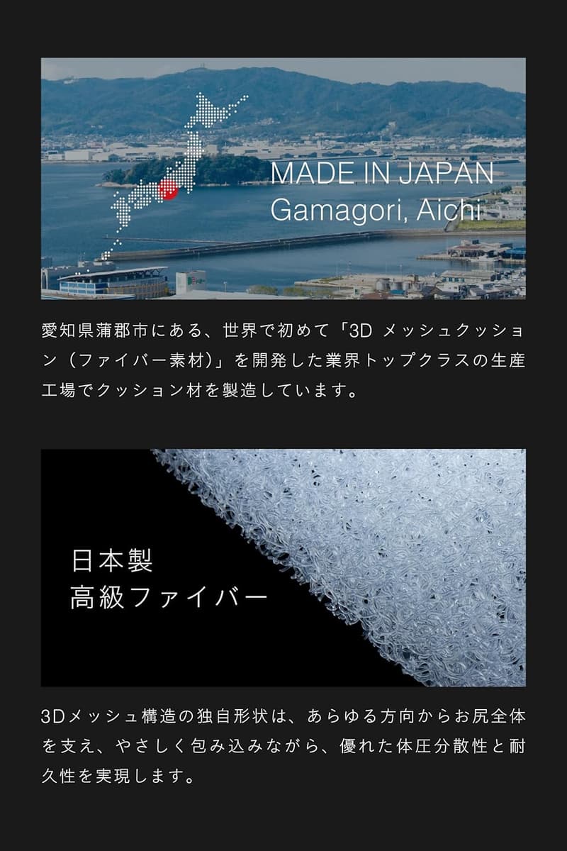高級ファイバー座布団 - 腰痛対策・洗える3層構造・日本製（ブラック）