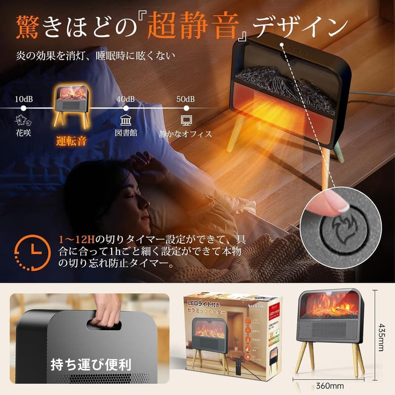 暖炉型セラミックヒーター 3D疑似炎 省エネ静音 1200W/800W/8W 大風量 トイレ・浴室・リビング用