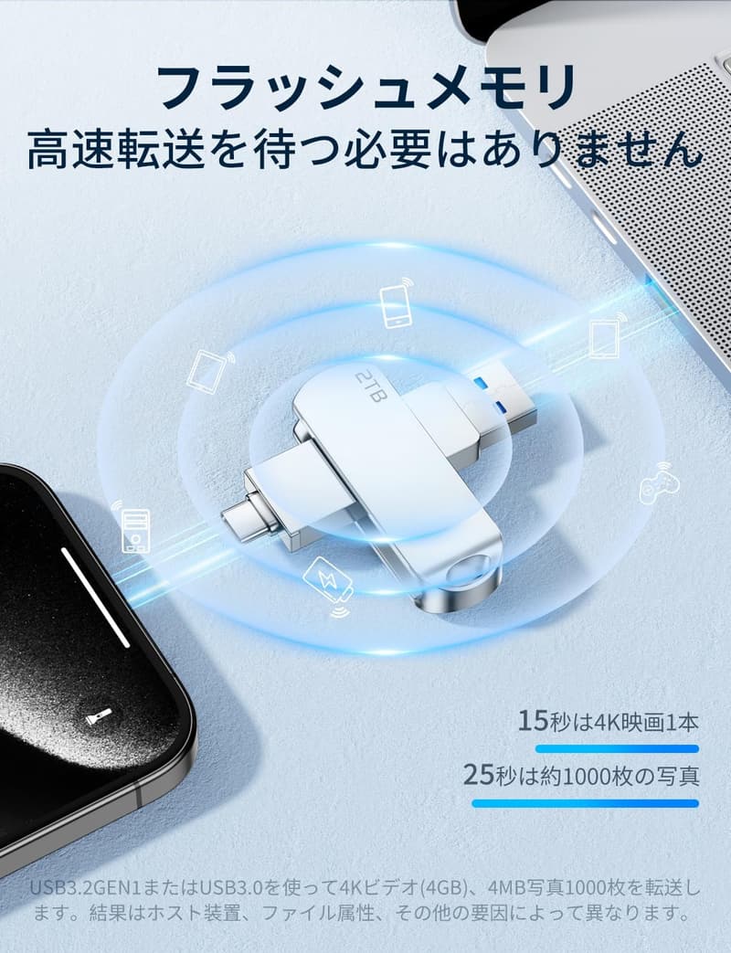 【USBメモリ 2TB】 合金製・防水防塵・Type-C対応 360度回転