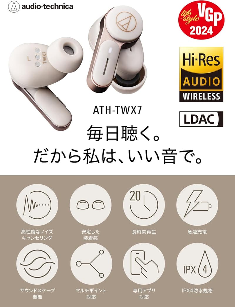 ワイヤレスイヤホン ATH-TWX7 ノイズキャンセリング 最大20時間再生 Qiワイヤレス充電対応【国内正規品】 ホワイト