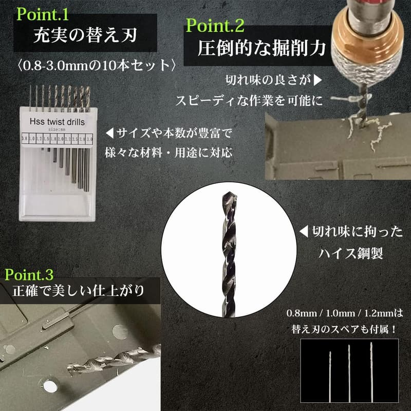 精密ハンドドリル 0.8～3.0mm刃セット プラモデル用 15点セット