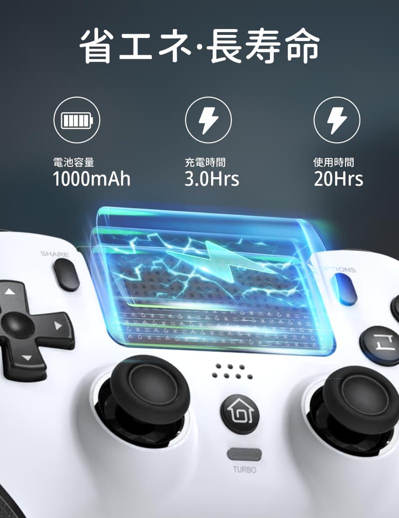 PS4/PS3/PC対応 ワイヤレスコントローラー マクロ機能 1000mAh大容量 連続使用16-20時間 6核HD振動 ジャイロセンサー 耐衝撃ホワイト