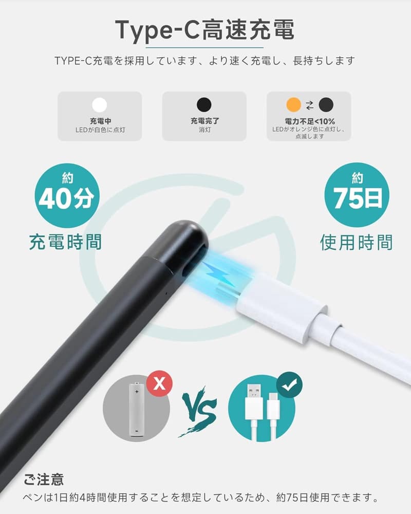 Surface用Type-Cタッチペン 高速充電・長持ちバッテリー (公式認証)
