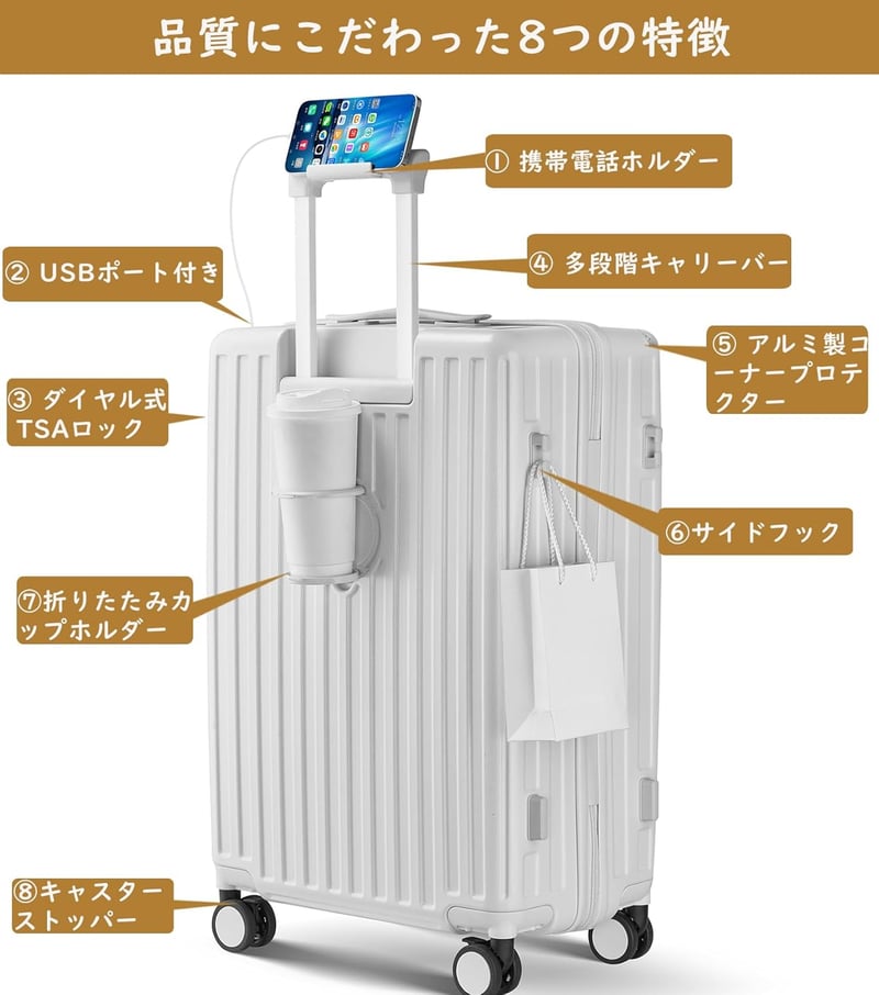 機内持ち込みスーツケース Sサイズ USBポート・カップホルダー・静音ダブルキャスター付き (ホワイト)
