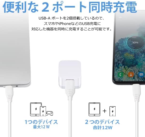 iPhone・Android対応 2ポート USB充電器 コンパクト ACアダプター【PSE認証/2.4A/キューブ型】2個セット（ホワイト）