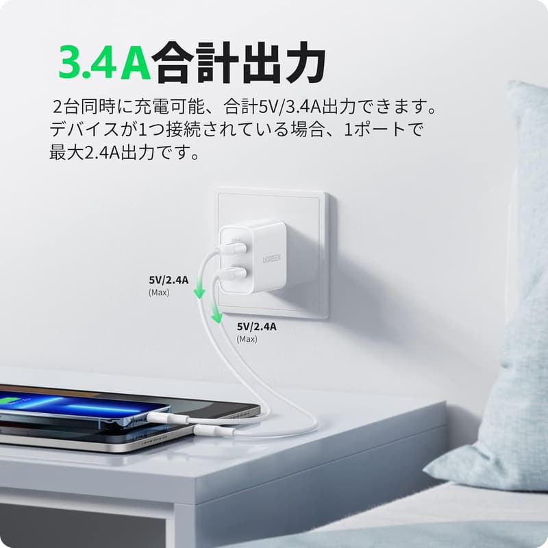 PSE認証済み 3.1A 2ポートUSB充電器 折りたたみ式プラグ iPad/iPhone/Xiaomi対応