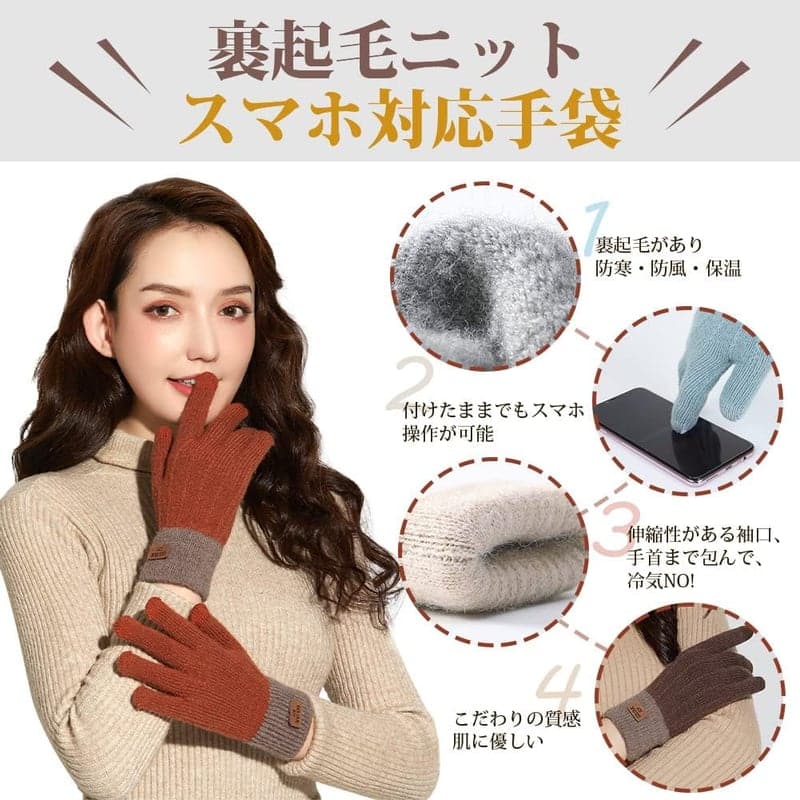 冬の防寒手袋 レディース スマホ対応・裏起毛・可愛い通勤通学用