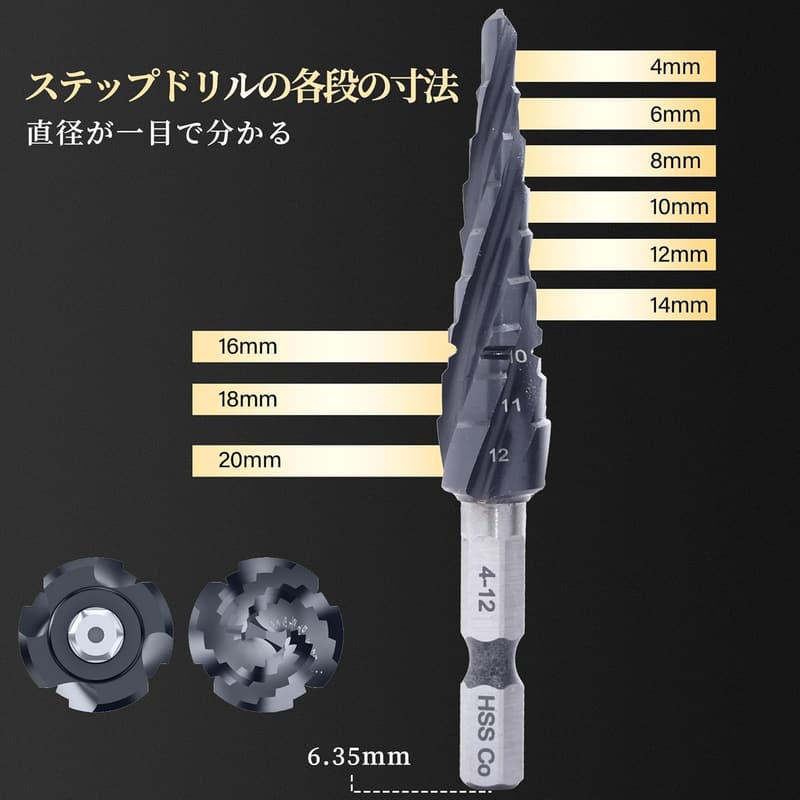 コバルトハイス鋼製 4-12mm用 チタンコーティング六角軸ステップドリル