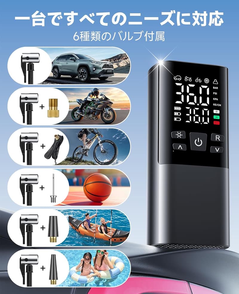 コードレス電動空気入れ 自動停止機能付き 150PSI 最大圧力 6000mAhバッテリー コンパクト バイク・車用