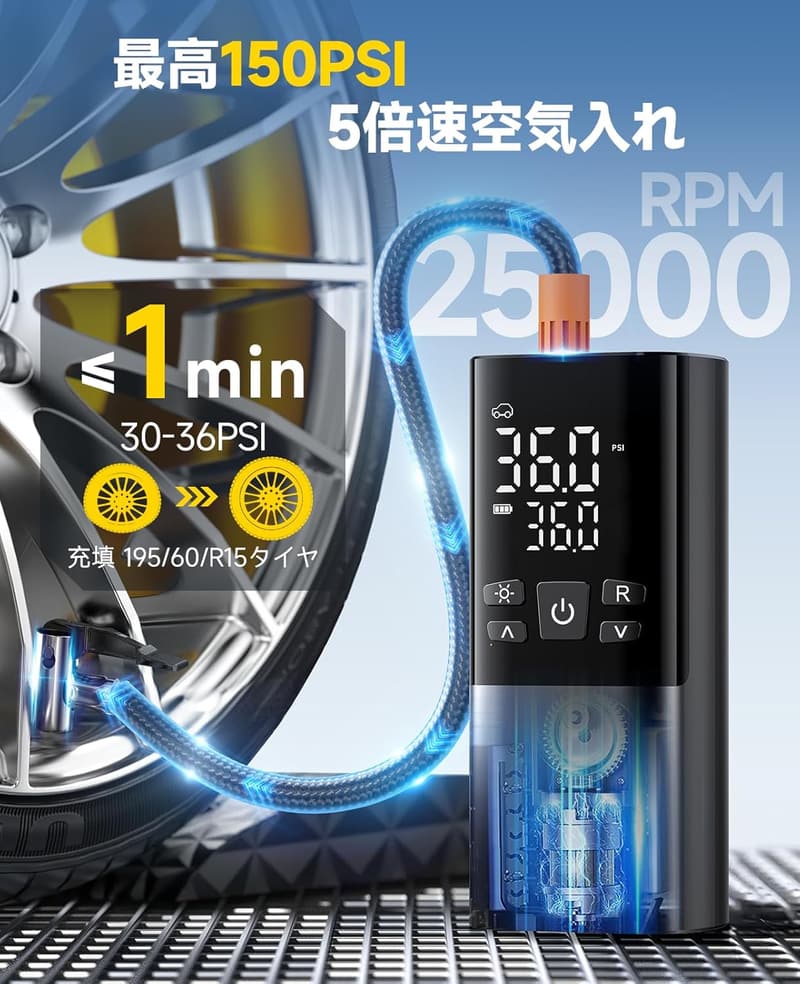 コードレス電動空気入れ 自動停止機能付き 150PSI 最大圧力 6000mAhバッテリー コンパクト バイク・車用