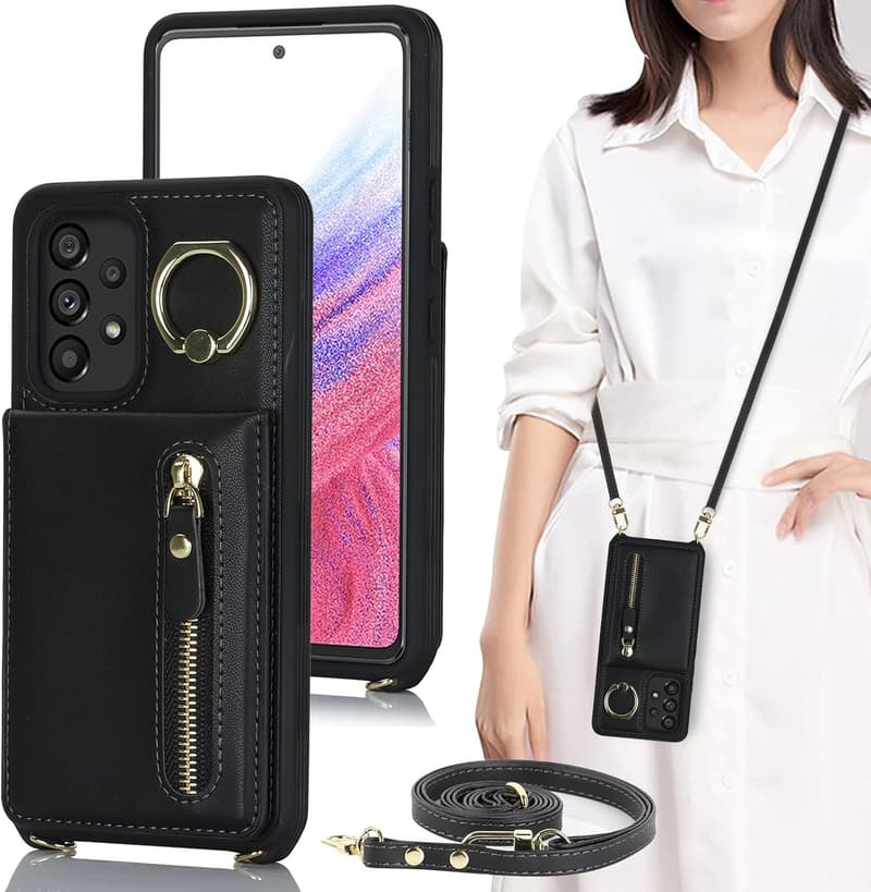 Galaxy A53 5G ショルダー 手帳型ケース リング付き ブラック ストラップ付き【iCoverCase】