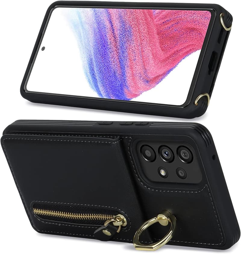Galaxy A53 5G ショルダー 手帳型ケース リング付き ブラック ストラップ付き【iCoverCase】
