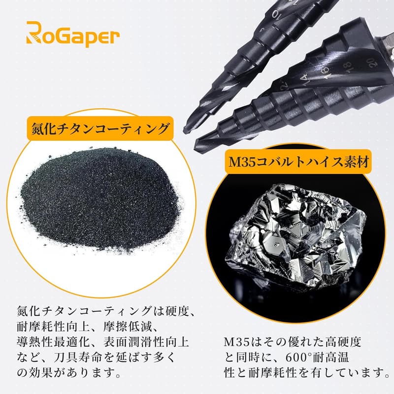 コバルトハイス鋼製 六角軸 ステップドリル 5-23mm 6段 チタンコーティング DIY用