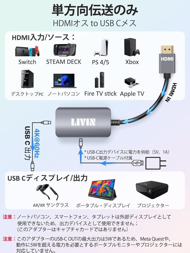 XREAL One/Air 2 Pro 対応 4K@60Hz HDMI to Type-C アダプタ【充電機能付き】