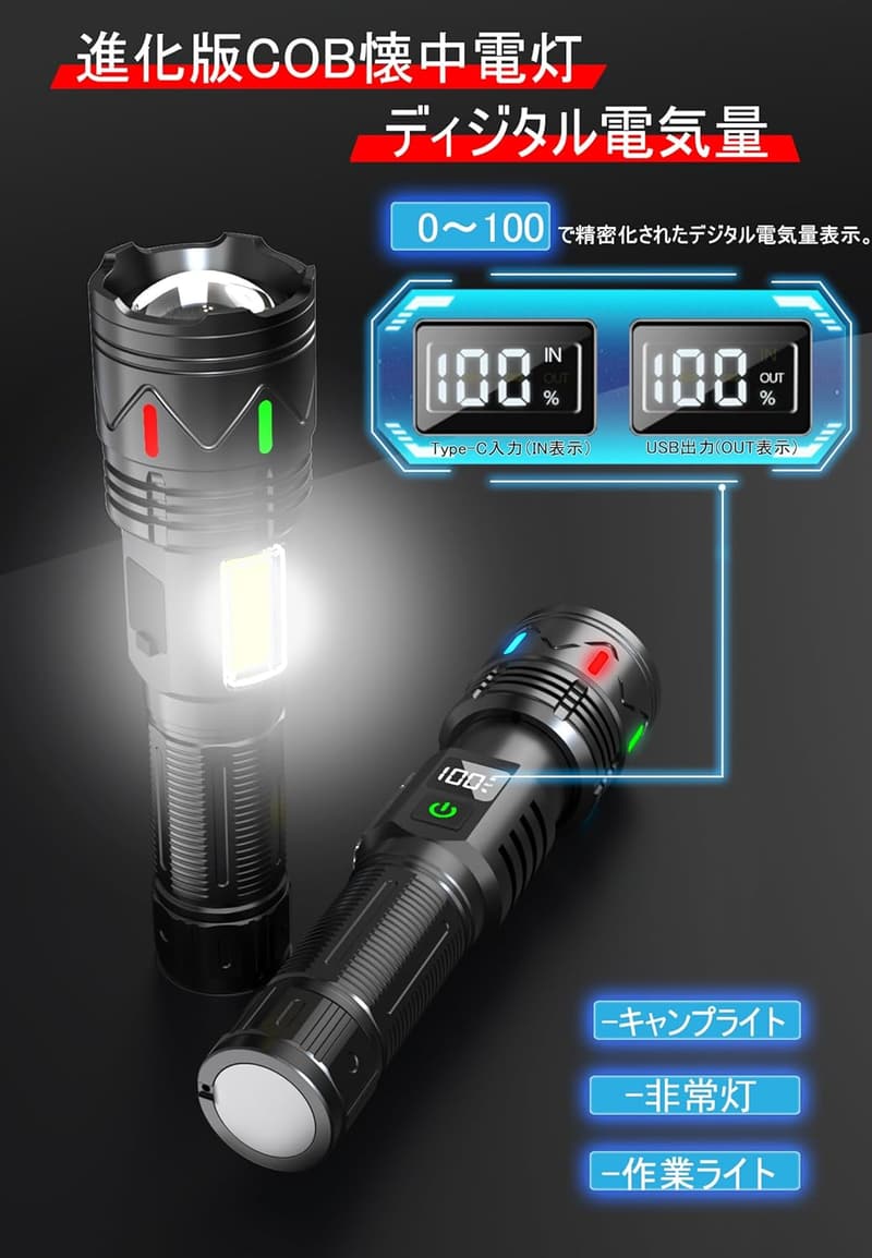 超高輝度5000000ルーメンLED懐中電灯【収納便利・防水・充電式】多機能ハンディライト