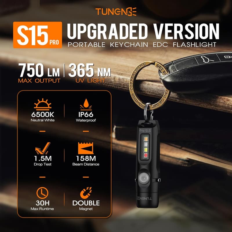 TUNENGE S15Pro USB C充電式ハイキング用高ルーメンキーチェーン懐中電灯（ブラック）