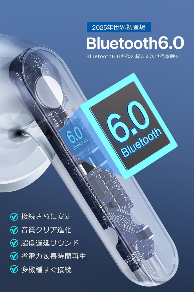 Bluetooth 6.0 ワイヤレスイヤホン - ANC&ENCノイズキャンセリング、最大50時間再生、IPX7防水、タッチスクリーン搭載
