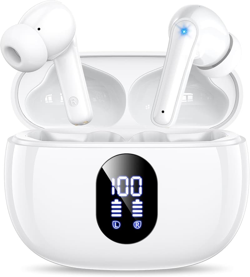 Bluetooth ワイヤレスイヤホン 48時間再生 Hi-Fi 重低音 LEDディスプレイ IPX7防水 Type-C急速充電 (ホワイト)