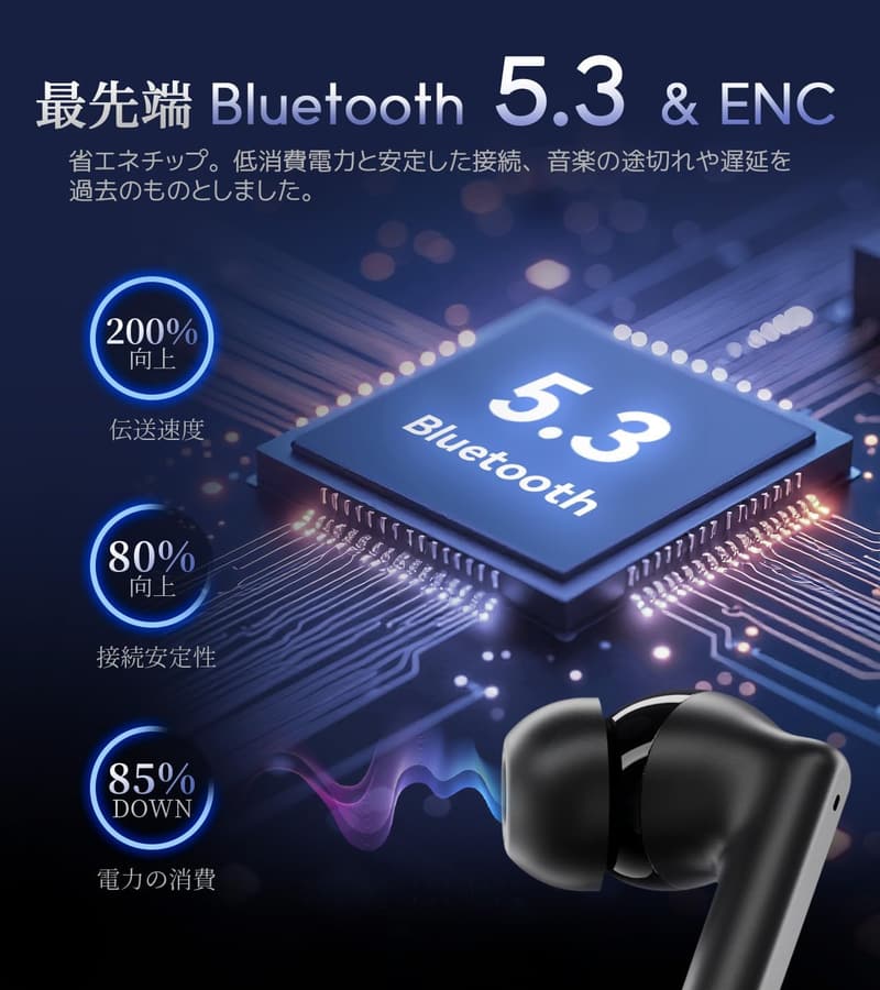 Bluetooth 5.3 ワイヤレスイヤホン ENCノイズキャンセリング 小型/軽量 最大30時間再生 (ブラック)