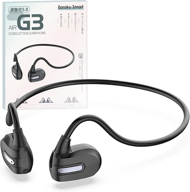 Bluetooth 5.3対応 軽量13g 骨伝導イヤホン - Earakuオープンイヤーデザイン、ノイズキャンセリング、急速充電タイプC、ブラック