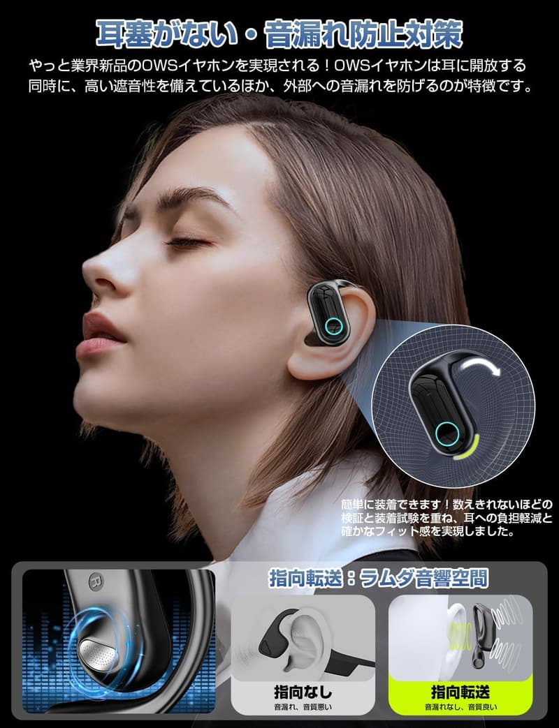 Bluetooth 開放型ワイヤレスイヤホン【ノイズリダクション・Hi-Fi音質・Type-C急速充電】