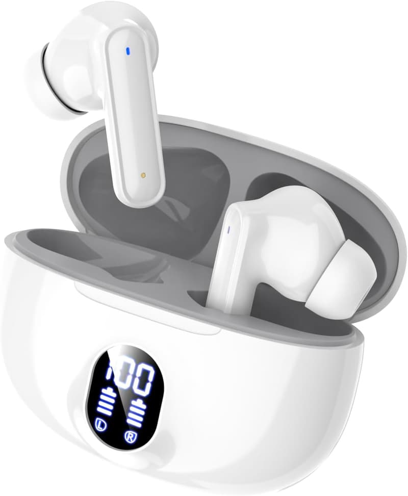Bluetoothワイヤレスイヤホン Hi-Fi音質 自動ペアリング マイク付き IPX7防水 コードレス Type-C急速充電 ホワイト