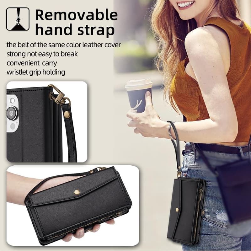 Zenfone 10 ケース 財布型 ショルダー付き PUレザー ブラック 5枚カード＆現金収納付き