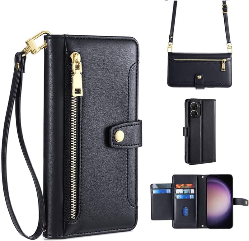 Zenfone 9/10手帳型ケース ショルダー付き PUレザー 財布機能 ブラック