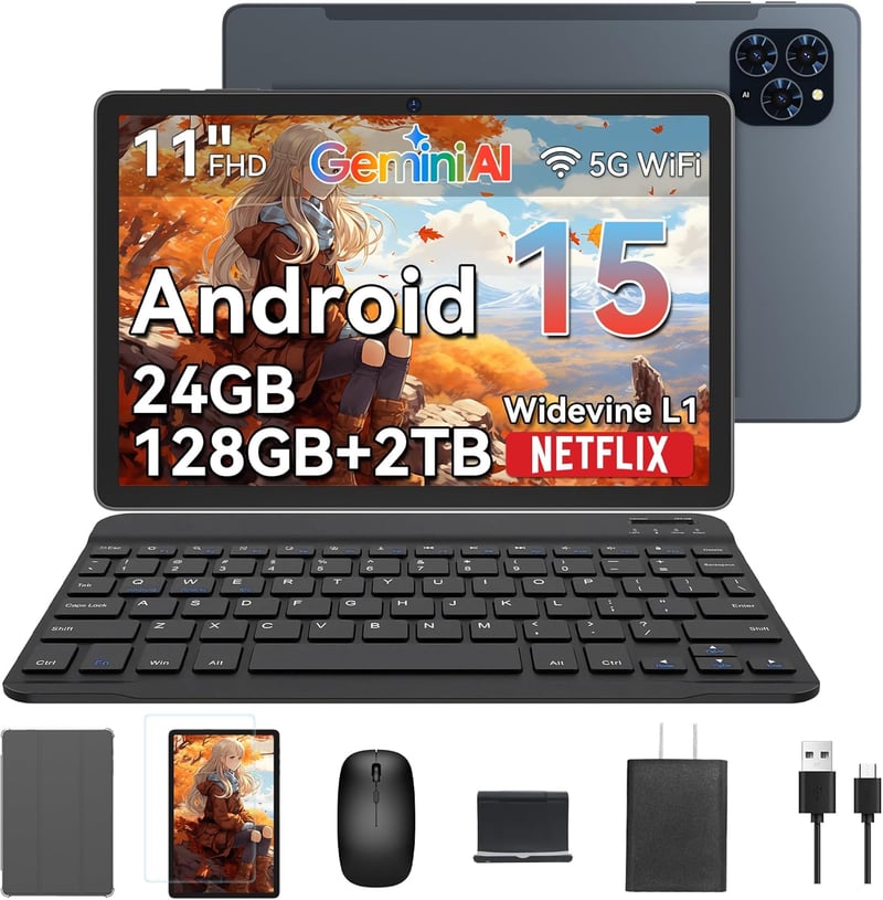 Wi-Fi対応 10インチ Androidタブレット PC - 11インチ/1920x1200/8コアCPU/24GB+128GB/8000mAh/キーボード・マウス・保護ケース付