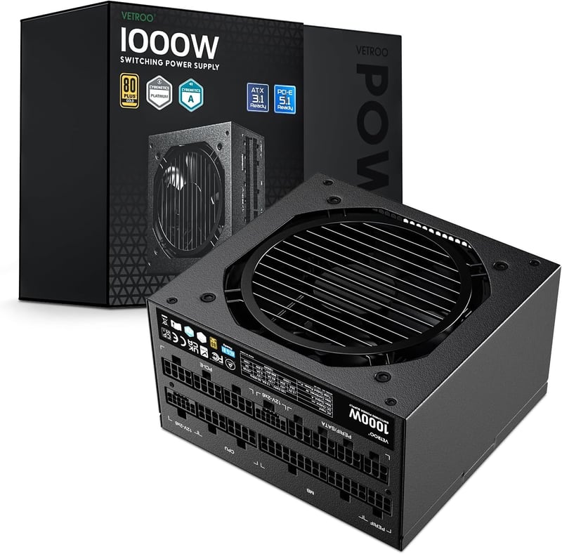 Vetroo 1000W ATX 3.0電源 - 80 Plus Goldフルモジュラー, コンパクト, ゲーミングPC対応
