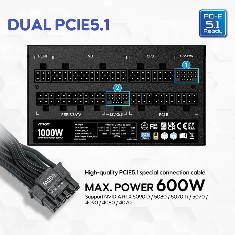 Vetroo 1000W ATX 3.0電源 - 80 Plus Goldフルモジュラー, コンパクト, ゲーミングPC対応