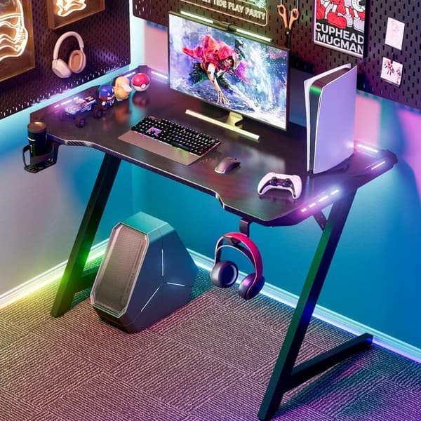 ゲーミングデスク 幅112cm LEDライト リモコン操作 Z字脚 炭素繊維天板 ブラック