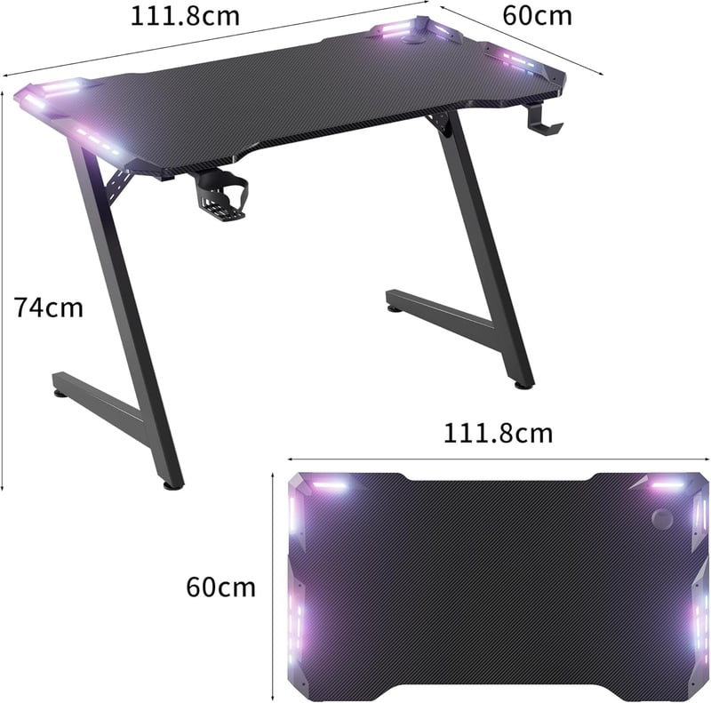 ゲーミングデスク 幅112cm LEDライト リモコン操作 Z字脚 炭素繊維天板 ブラック
