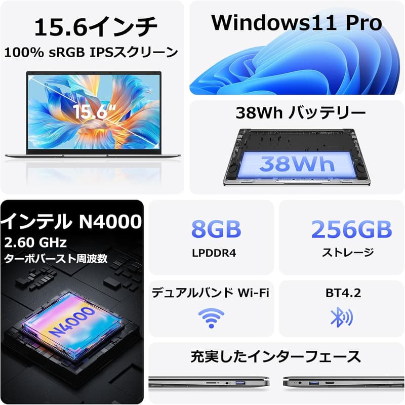 2024年モデル 薄型15.6型ノートパソコン インテルCeleron/8GB/SSD256GB/Webカメラ搭載 シルバー