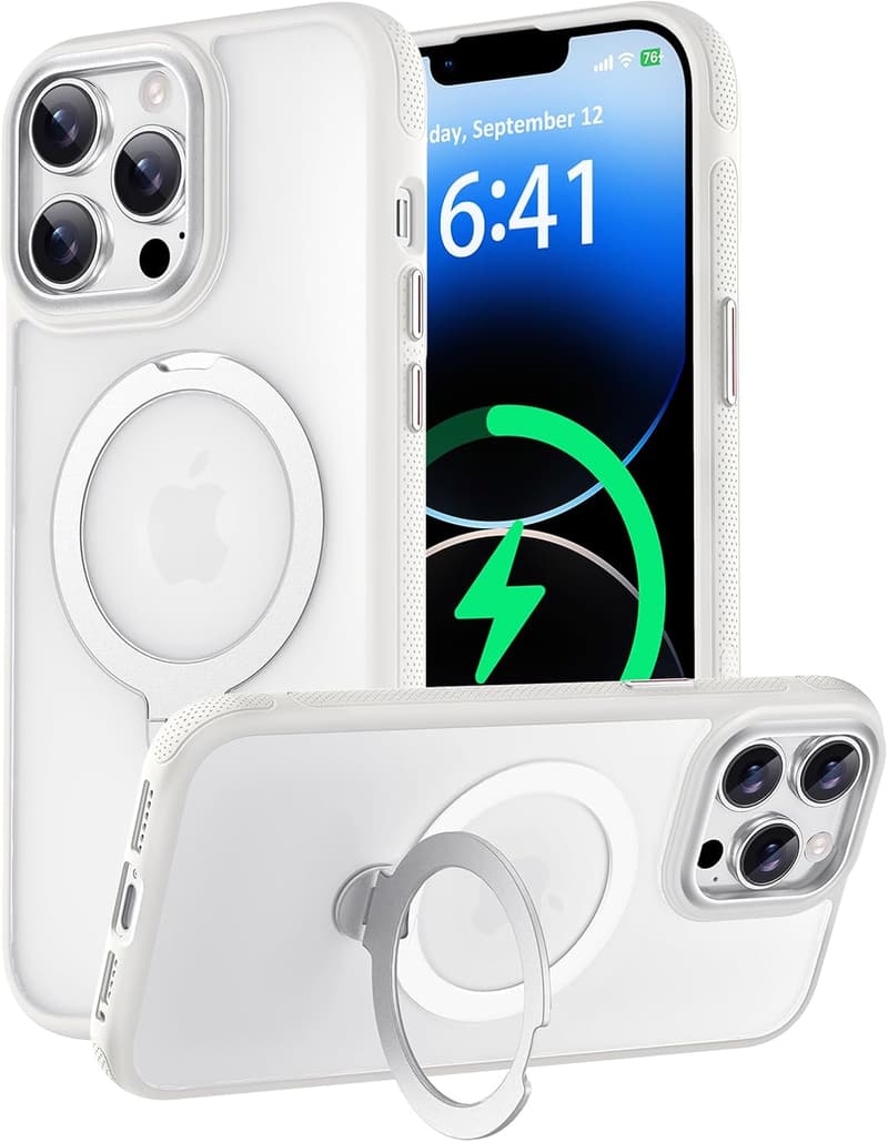 iPhone 13 Pro用 MagSafe対応ワイヤレス充電ケース 360度回転スタンド付き (半透明＋ホワイト)