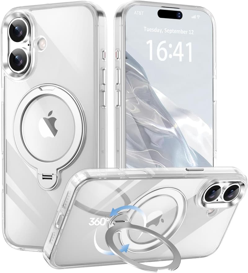iPhone 16用 MagSafe対応多機能360°回転スタンドケース（クリア）
