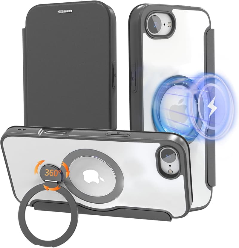 iPhone 16E用 MagSafe対応手帳型ケース 360°回転スタンドカード収納クリアレザー ブラック