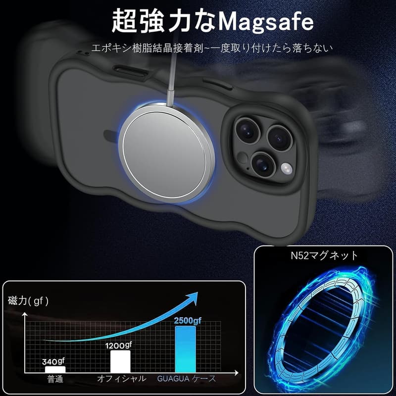 iPhone 16 Pro Max対応 MagSafe半透明ウェーブケース（黒）