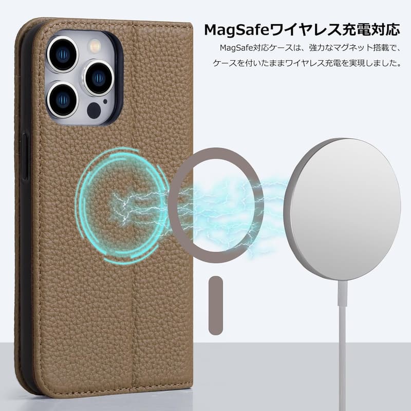 iPhone 15 ProMax対応 本革手帳型ケース マグネット式 カード収納 ブラウン