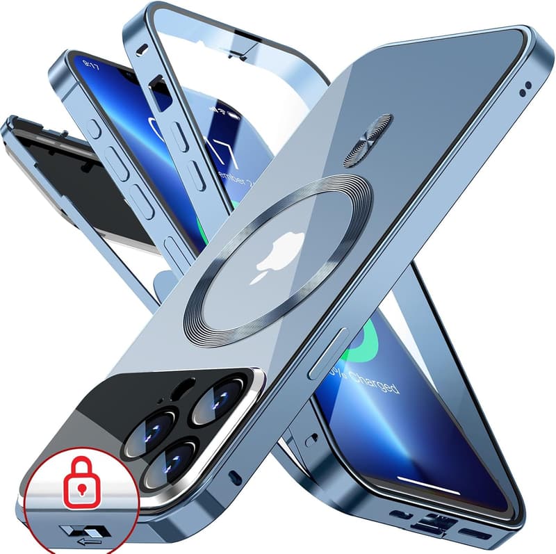 iPhone 13 Pro Max用 Mag-safe対応ケース 360°全面保護 アルミ合金バンパー シェラブルー