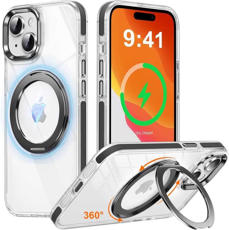 iPhone 13/14用 マグネット対応 360度回転スタンドケース ブラック 軽量・耐衝撃・滑り止め
