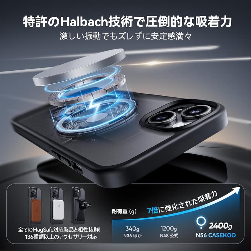 iPhone15用ケース 超強磁力・耐衝撃・薄型マット仕上げ【ワイヤレス充電対応・指紋防止】（ブラック）