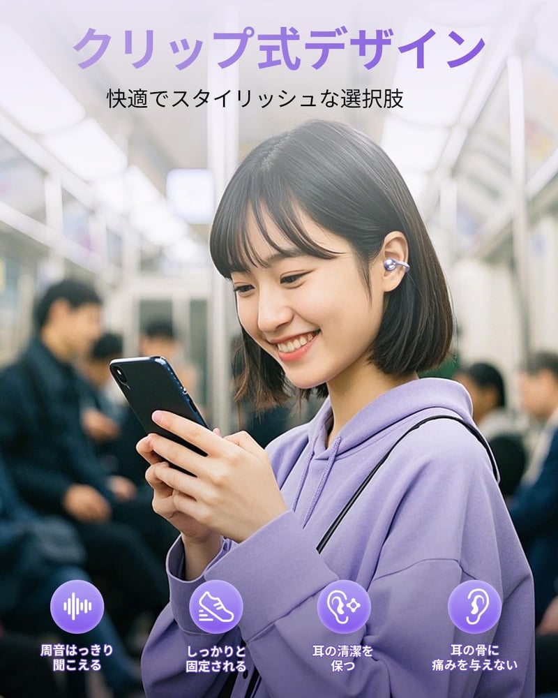 ワイヤレス骨伝導イヤフォン【IPX5防水・急速充電・マイク内蔵】スポーツや通勤に最適 (パープル)