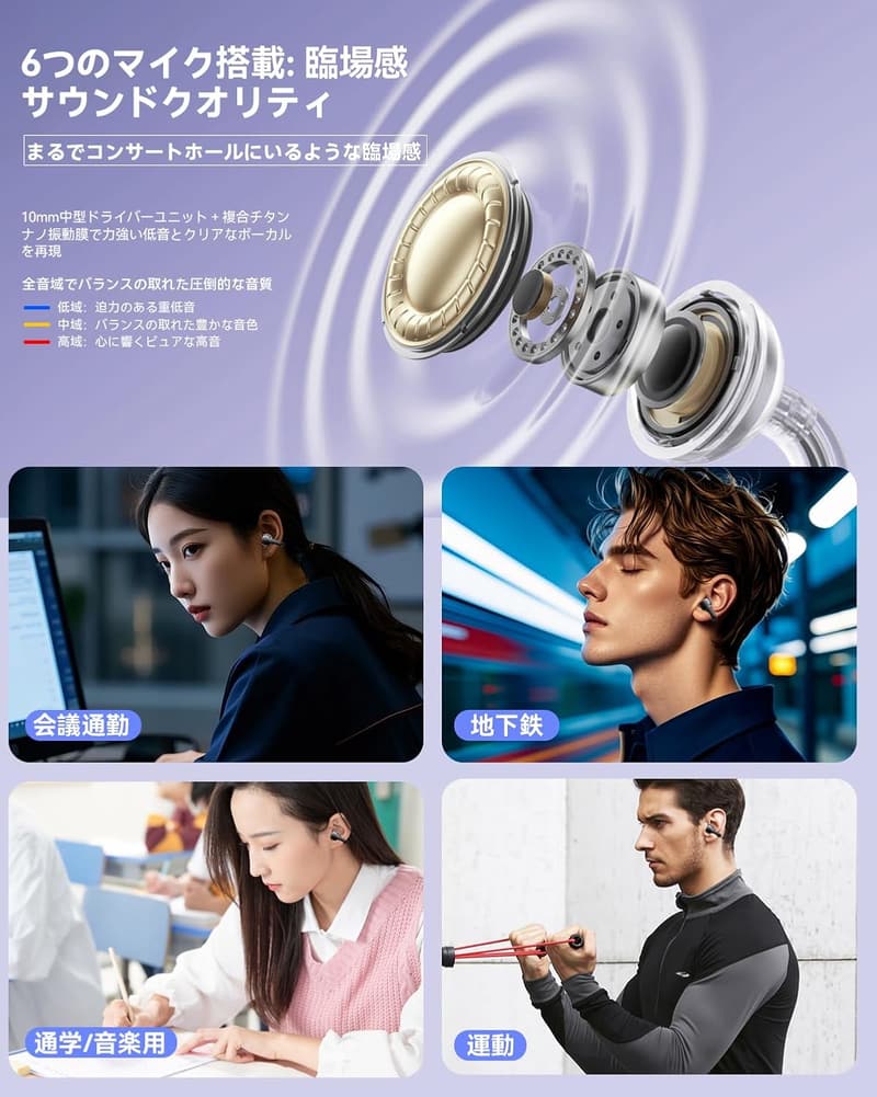 AIノイズキャンセリングワイヤレスイヤホン - Bluetooth 5.4・骨伝導・IPX7防水・80時間再生 (ブラック)